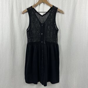 Ativo Vintage Black Open Knit Crochet Sleeveless Button Front Top Womens S